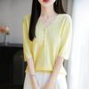 25 Verano Nuevo Tencel Lino Cuello en V Camisa Tejida Manga Media para Mujer Color Sólido Jersey Holgado Camiseta Básica Top