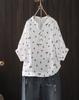 Camisa de punto artística estilo japonés con cuello en V, estampado floral, manga de tres cuartos para mujer, top casual de algodón de doble capa para verano
