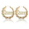 Pendientes Punk de Venta Caliente Transfronterizos Europeos y Americanos Estilo Ins con Letras Inglesas Pendientes de Bambú Queen Aros Redondos Grandes Exagerados