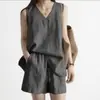 Novo Conjunto de Linho 2026 para Mulheres, Top Sem Mangas com Decote V Fresco e Respirável para o Verão, Conjunto de Duas Peças com Shorts Emagrecedores e que Aumentam a Altura, Algodão