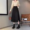 Falda midi negra de corte A para mujer, colección de primavera, talla grande, de cintura alta, estilo coreano, que cubre la cadera, falda acampanada