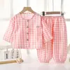 Traje de Algodón Nube para Niños Verano Manga Siete Puntos Cárdigan Holgado Niñas Ropa de Casa Delgada Pijamas para Niños Conjunto de Dos Piezas