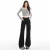 Coleção Outono 2026: Calça de Trabalho Retrô Americana Preta para Mulheres, Corte Solto, Levemente Flare, Comprimento no Chão, Calça Preta Tendência