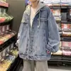 Chaqueta de Mezclilla para Hombre Otoño e Invierno Falsa de Dos Piezas Casual Estudiante Marca de Moda Atractivo con Capucha Holgada Ropa de Mezclilla