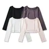 2576-26 Outono estilo coreano, caimento solto, gola redonda, cropped, manga longa, blusa de puxar com bordas dobradas
