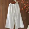 Pantalones de Pierna Ancha de Algodón con Patrón Hueco para Mujer, Cintura Elástica, Pantalones Finos Casuales Sueltos de Pierna Recta