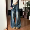 Calça Jeans Wide Leg Flare Cortada a Tesoura Cintura Baixa Estilo Retrô Americano Feminina Outono Novo Estilo Emagrecedora Solta Comprimento Total Longa