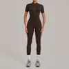 Macacão de ioga com zíper curto e manga curta escovado transfronteiriço para mulheres, adequado para uso ao ar livre, fitness e esportes body 2680