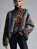 Suéter de malha com estampa de leopardo, estilo casual transfronteiriço europeu e americano para mulheres, outono e inverno, espessado, caimento solto, plus size, blusa patchwork para mulheres