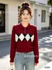Novo suéter de tricô feminino casual outono e inverno estilo faculdade com padrão de losangos, manga curta e longa