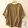 Top de Verão Feminino Artístico de Algodão e Linho Vintage, Pulôver Novo Estilo Chinês, Cor Lisa Inspirada no Zen, Camiseta de Manga Curta com Gola Redonda e Botões