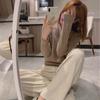 Calça de malha branca de pernas largas, cintura alta feminina outono e inverno, drapeado reto, esfregão de lã solto, calça comprida, calça casual da vovó