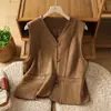 Chal vintage color caramelo con cuello en V, nueva colección otoño 2026, versátil chaqueta sin mangas de gamuza para capas, prenda exterior corta para mujer
