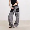 Jeans de bolsillo con parche de estampado de leopardo retro americano transfronterizos para hombres y mujeres, pantalones casuales anchos de pierna ancha, estilo callejero holgado, con curva