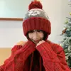 Chapéu de Tricô Jacquard Color Block Estilo Fair Isle Retrô com PomPom para Mulheres, Tendência de Inverno Chapéu Espesso com Cadarço e Orelhas, Chapéu Puxar Frio
