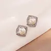 Pendientes Franceses Retro de Perlas Naturales, Pendientes de Circonita de Alta Gama a la Moda, Pendientes Cuadrados Pequeños Exquisitos para Mujer