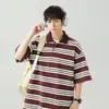Camisa polo retro personalizada/personalizada de estilo japonés, con bloques de color texturizados y rayas, de manga corta para hombre, para verano, adecuada para parejas