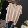 Verano Nuevo Gordo mm 1.0-150 kg Talla Extra Grande Holgada Delgada Cuello en V Manga Corta Camiseta para Mujer Seda de Hielo Versátil Top de Moda