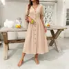 Amazon Aliexpress 2026 Verano Nuevo Estilo Europeo y Americano Ropa de Mujer Vestido Botones Manga Corta Vestido de Algodón Lino Cuello V para Mujer