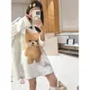Bonito camisón de manga larga para mujer con estampado de osos de dibujos animados estilo girly, para principios de otoño, talla grande, holgado y relajado, ropa de casa, pijama