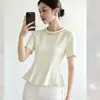 Blusa Elegante de Verão para Mulheres, Estilo Francês, Resistente, com Pedrarias Strass, Gola Redonda, Manga Curta, Babados, Cor Damasco, Corte Ajustado