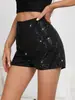 2025 Amazon Moda Multicolor Lantejoula Slim Fit Hot Pants Lantejoulas Cor Sólida Preto Cintura Média Sexy Perna Reta Shorts Feminino