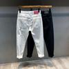 Calças de ganga pretas e brancas para homem verão fino e slim fit na altura do tornozelo para homem estilo coreano na moda para todos os jogos Slim-fit para estudantes
