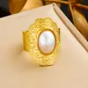 Moda Transfronteiriça Banhado a Ouro Estilo Vintage Luxo Leve Oval Esculpido Aberto Larga Anel de Joia de Aço Inoxidável