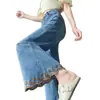 Jeans Acampanados Bordados con Encaje Vintage para Mujer, Primavera y Otoño 2026, de Cintura Alta, Corte Holgado, Azules, Adelgazantes, Estilo Coreano, Pantalones Ligeramente Acampanados