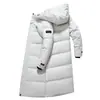 Jaqueta de Penas Personalizada de Fábrica Outono e Inverno Jaqueta de Penas de Pato Branco Acima do Joelho Resistente ao Frio Longa Engrossada Masculina e Feminina com Logo Impresso