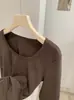 KEKEZOON Estilo Coreano de Principios de Invierno Simple Versátil Elástico Adelgazante Esponjoso Forrado Camiseta de Manga Larga con Cuello en U 9331