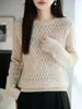Nueva Colección Otoño/Invierno 2026: Suéter de punto para mujer de manga larga, color sólido, calado, corte holgado, en lana fina con cuello redondo