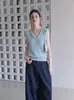 Colete de malha sem mangas com decote em V, elegante, simples, slim fit, na moda, estilo francês, para o verão, azul, com gola, soltinho, para mulheres