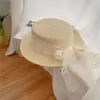Sombrero de Paja de Ala Plana con Lazo de Encaje Francés para Mujer 2026 Nuevo Estilo de Verano Sombrero de Sol para Protección Solar en Vacaciones en la Playa