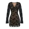 Vestido Longo com Decote V, Laço e Renda, Estilo Pura Luxúria, Outono Novo, Cintura Alta, Justo, Sexy, Saia Evasê