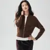 Cardigan feminino de cashmere com zíper, manga longa, curto, estilo coreano moderno, gola redonda, malha solta, peça de outer wear minimalista