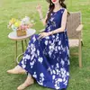Vestido de algodão e seda sem mangas de alta qualidade, estilo jovem, para mulheres, vestido de verão para férias na praia, plus size, para mulheres de meia-idade, vestido Sanya, vestido de praia