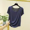 Camiseta base de manga corta para mujer, color liso, con volantes, holgada, sin costuras, talla grande, cuello redondo