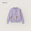 Cardigã de Tricô Roxo para Meninas, Novo Estilo Outono, Decorado com Laços Coloridos Tridimensionais, Casaco Suéter de Gola Redonda