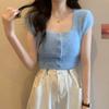 Suéter de Felpa con Cuello Cuadrado Camiseta de Manga Corta para Mujer Primavera y Verano Nuevo Chic Adelgazante Chic Top Corto Spice Girl