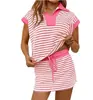 Conjunto de saia-short de verão com cordão, listrado, de manga curta, estilo europeu e americano, para mulheres, conjunto casual de duas peças da moda de verão