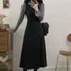 Vestido Largo Patchwork Estilo Francés Transfronterizo Bloques de Color con Solapa y Diseño Ceñido a la Cintura, Nuevo Estilo Otoño e Invierno, Vestido de Manga Acampanada Falso Dos Piezas para Mujer