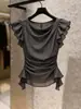 Blusa Cinza com Manga Bufante Estilo Francês para Mulheres, Que Marca a Cintura e Emagrece, Roupa Íntima Elegante com Design Plissado, Camiseta de Alto Padrão e Única