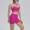 Nuevo conjunto de fitness de color block transfronterizo con sujetador deportivo acanalado a prueba de impactos push-up y shorts de cintura alta para control de abdomen y levantamiento de glúteos conjunto de yoga