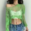 Suéter de Verão Transfronteiriço Curto Tricô Vazado Franja Casual Emagrecedor Top Manga Longa Solto Camisa de Sobrepor
