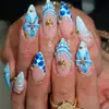 Unhas Postiças Venda Quente Transfronteiriça Azul 3D Floral Concha Pérola Búzio Estilo Francês Adesivos de Unha Postiça Removíveis
