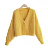 Novo cardigã curto de tricô grosso e macio para outono e inverno de 2021, suéter feminino estilo casual, branco tamanho único, algodão amarelo