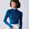 Suéter feminino de malha fina sem costura 100% lã pura com gola semimédia, corte justo, malha base fina, lavável à máquina