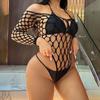 Lencería sexy europea y americana de manga larga de malla hueca con liguero de red de pesca perspectiva bikini falda de cadera dividida