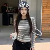 Camiseta básica de algodão puro listrada azul marinho para mulheres, outono casual versátil gola redonda manga longa camiseta top feminino